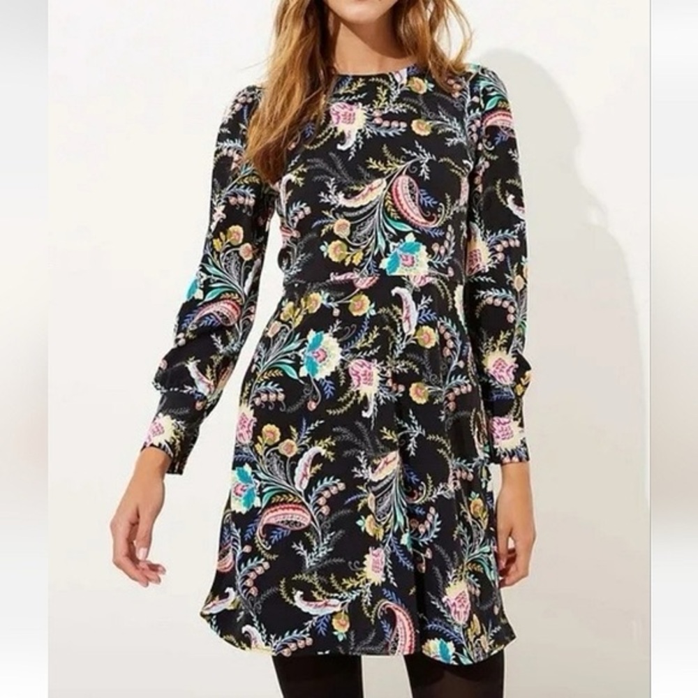 LOFT Black w/Yellow Green Red Floral Print A-Line Above Knee Length Dress Size 8
